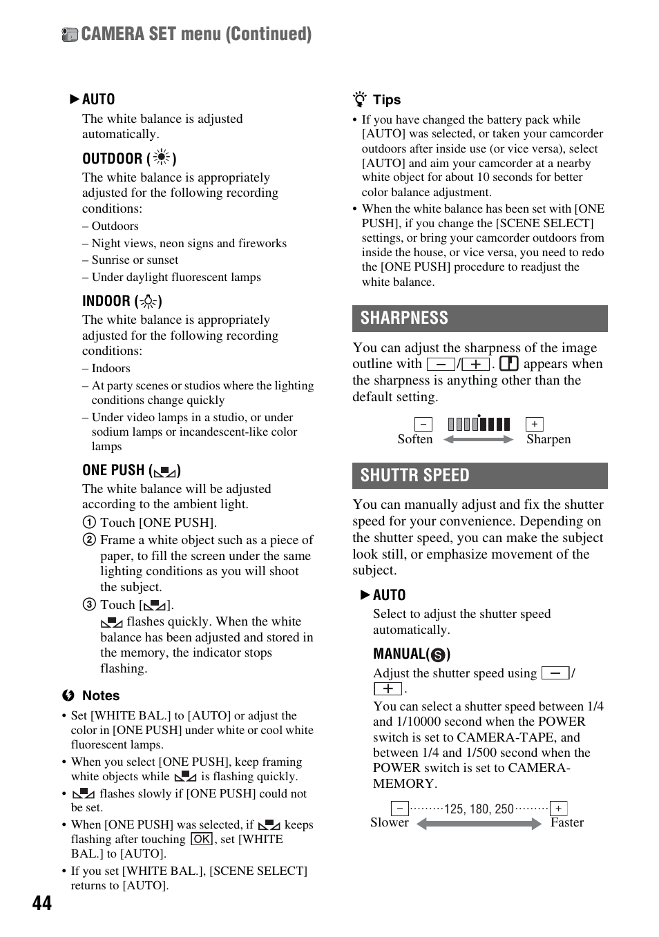 P. 44), Camera set menu (continued), Sharpness shuttr speed | Sony HDR-HC9 User Manual | Page 44 / 128