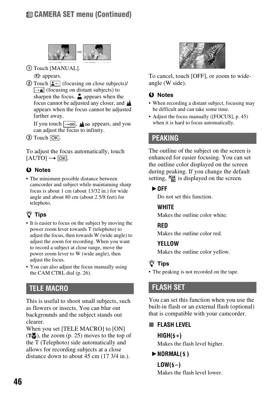 P. 46, Camera set menu (continued), Tele macro peaking flash set | Sony HDR-HC9 User Manual | Page 46 / 128