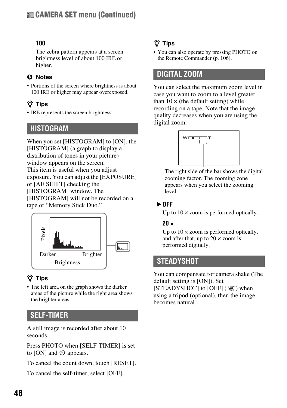 Camera set menu (continued), Histogram self-timer, Digital zoom steadyshot | Sony HDR-HC9 User Manual | Page 48 / 128