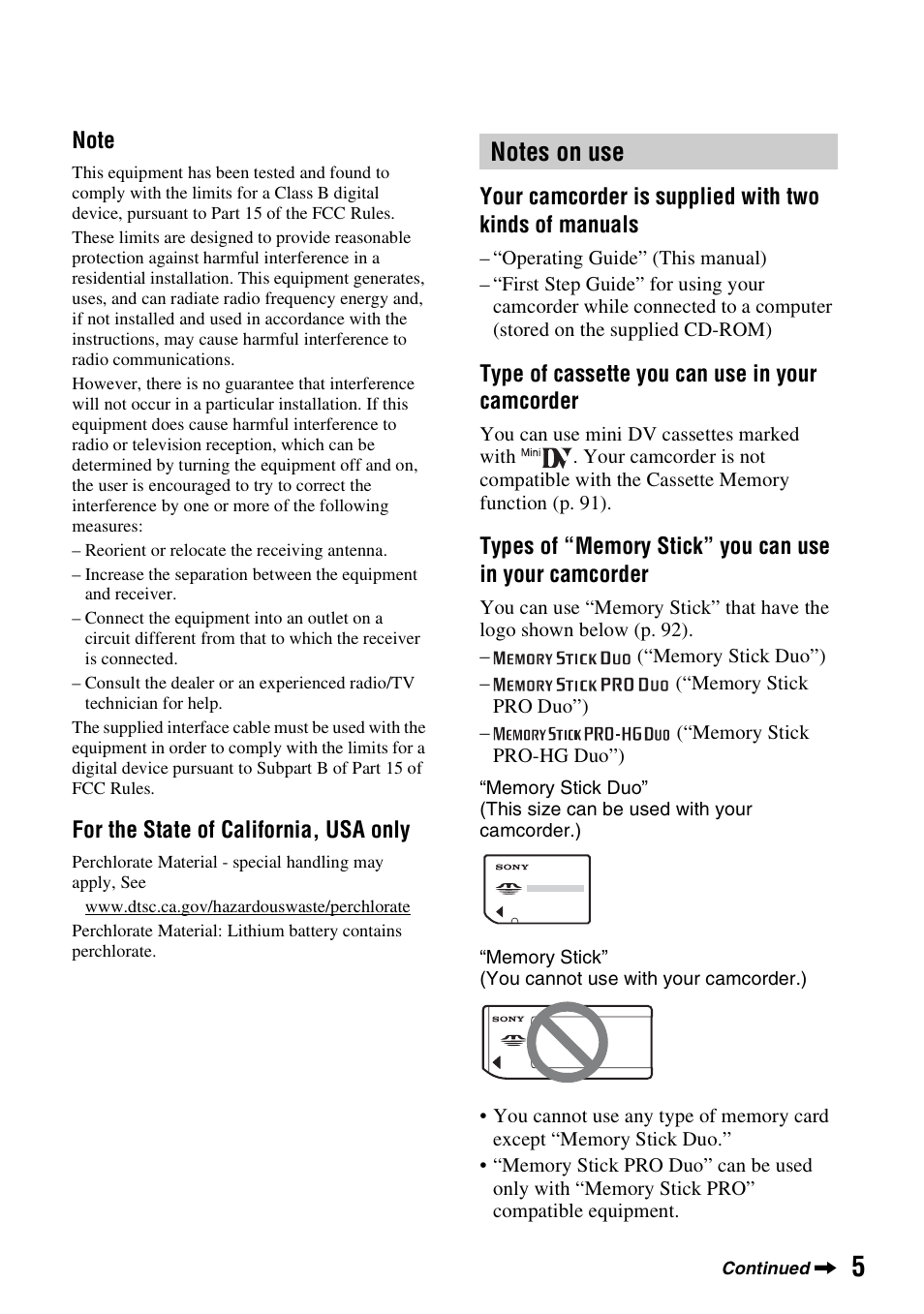 Notes on use | Sony HDR-HC9 User Manual | Page 5 / 128