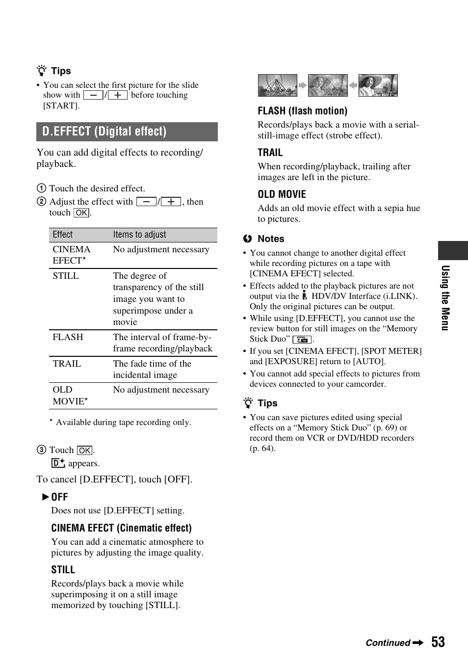 D.effect (digital effect) | Sony HDR-HC9 User Manual | Page 53 / 128