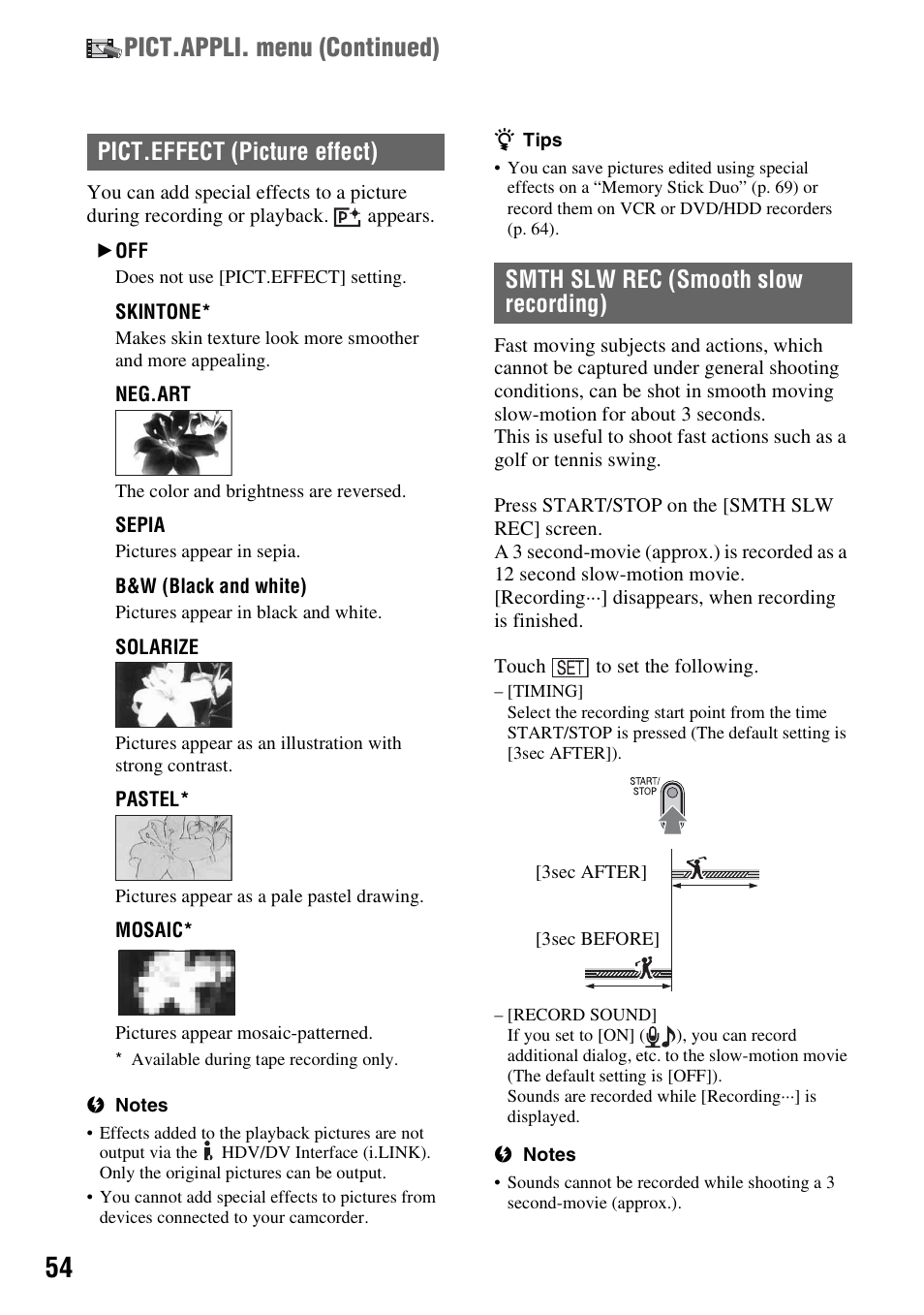 Pict.appli. menu (continued), Pict.effect (picture effect), Smth slw rec (smooth slow recording) | Sony HDR-HC9 User Manual | Page 54 / 128