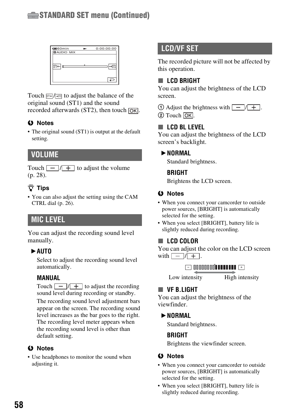 Standard set menu (continued), Volume mic level, Lcd/vf set | Sony HDR-HC9 User Manual | Page 58 / 128