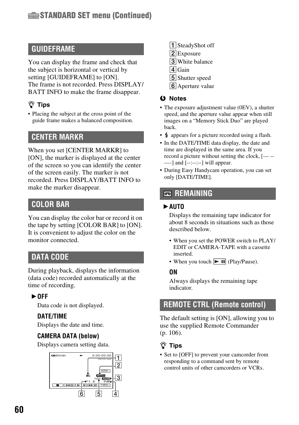 Standard set menu (continued), Guideframe center markr color bar data code, Remaining remote ctrl (remote control) | Sony HDR-HC9 User Manual | Page 60 / 128