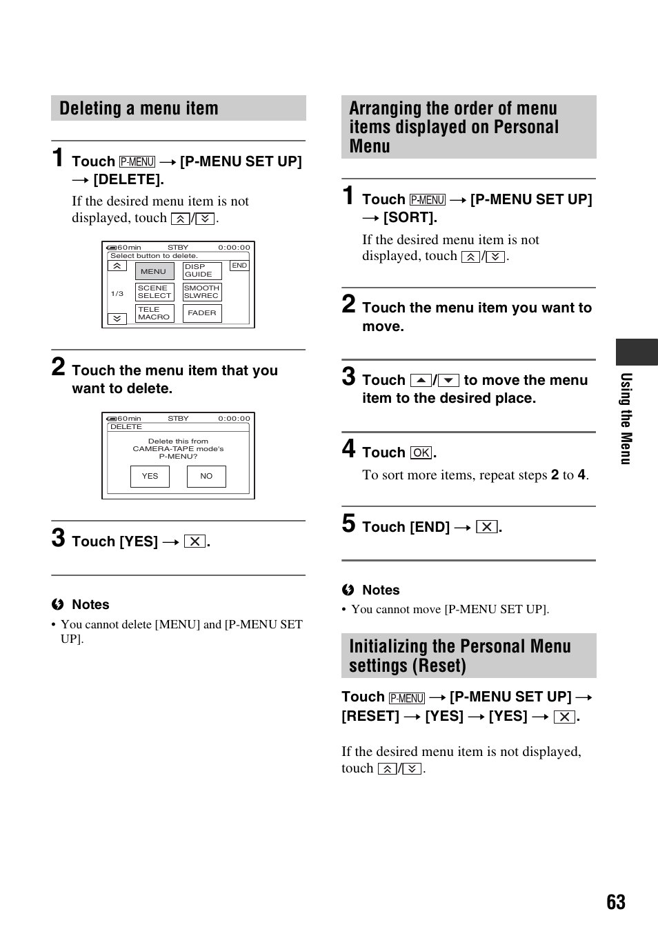 Deleting a menu item | Sony HDR-HC9 User Manual | Page 63 / 128