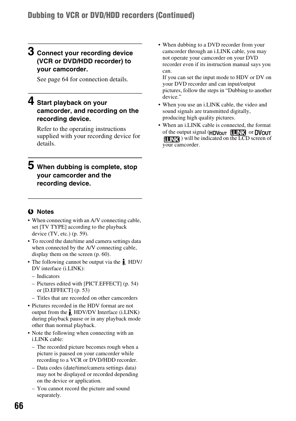 Dubbing to vcr or dvd/hdd recorders (continued) | Sony HDR-HC9 User Manual | Page 66 / 128