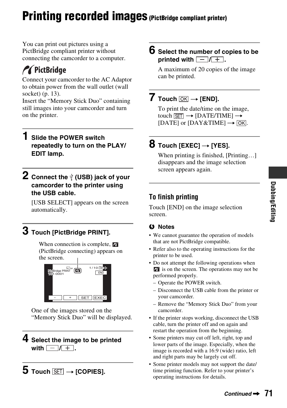 Printing recorded images (pictbridge, Compliant printer), E (1) (p. 71) | Printing recorded images | Sony HDR-HC9 User Manual | Page 71 / 128