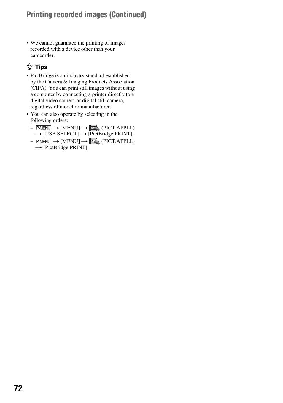 Printing recorded images (continued) | Sony HDR-HC9 User Manual | Page 72 / 128