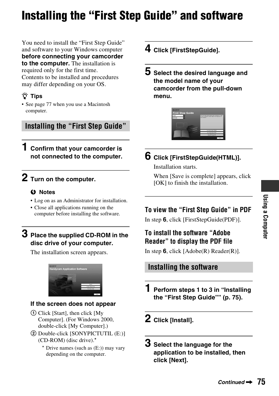 Installing the “first step guide” and software, Installing the “first step guide” and, Software | 1) (p. 75) | Sony HDR-HC9 User Manual | Page 75 / 128