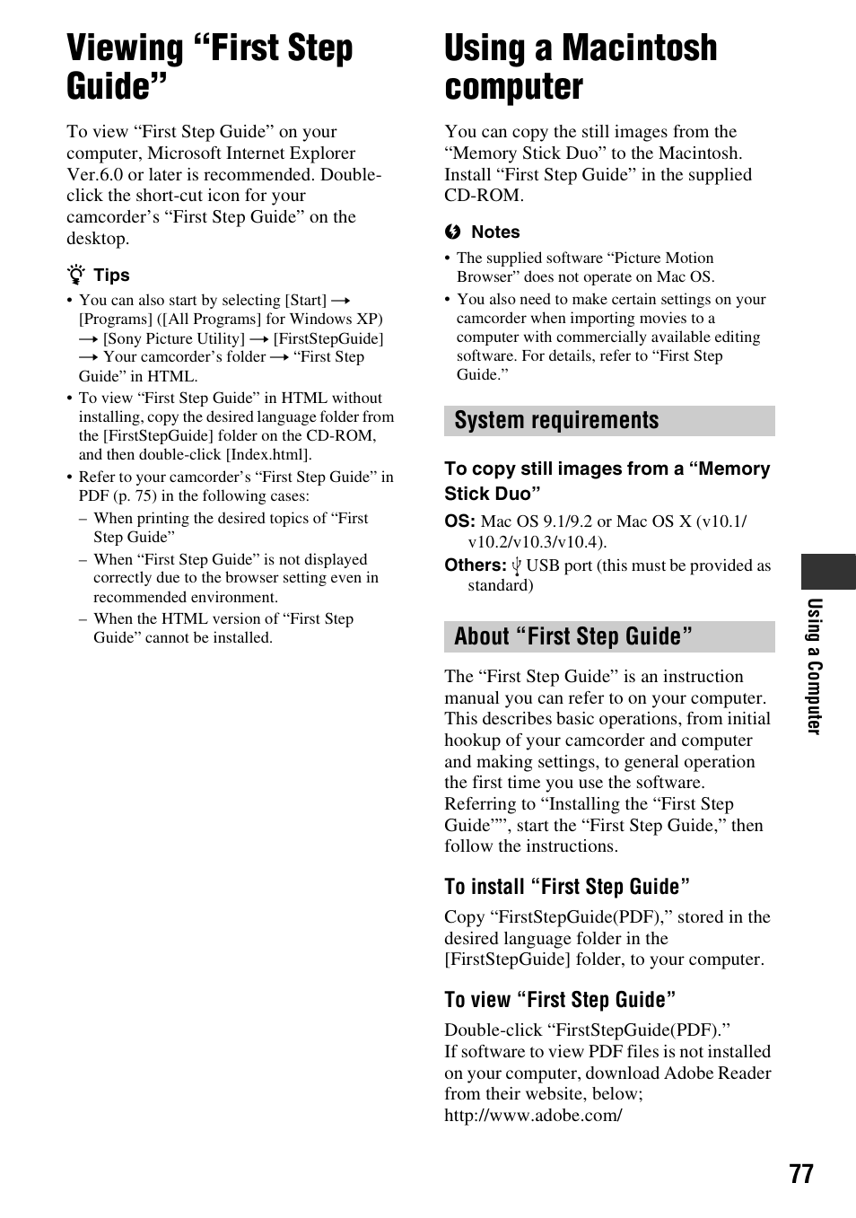 Viewing “first step guide, Using a macintosh computer, System requirements about “first step guide | Sony HDR-HC9 User Manual | Page 77 / 128