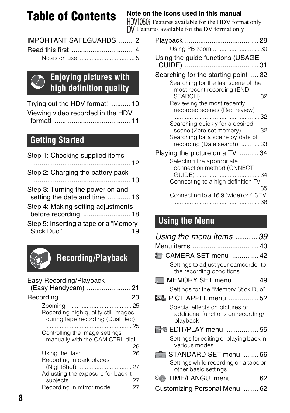 Sony HDR-HC9 User Manual | Page 8 / 128