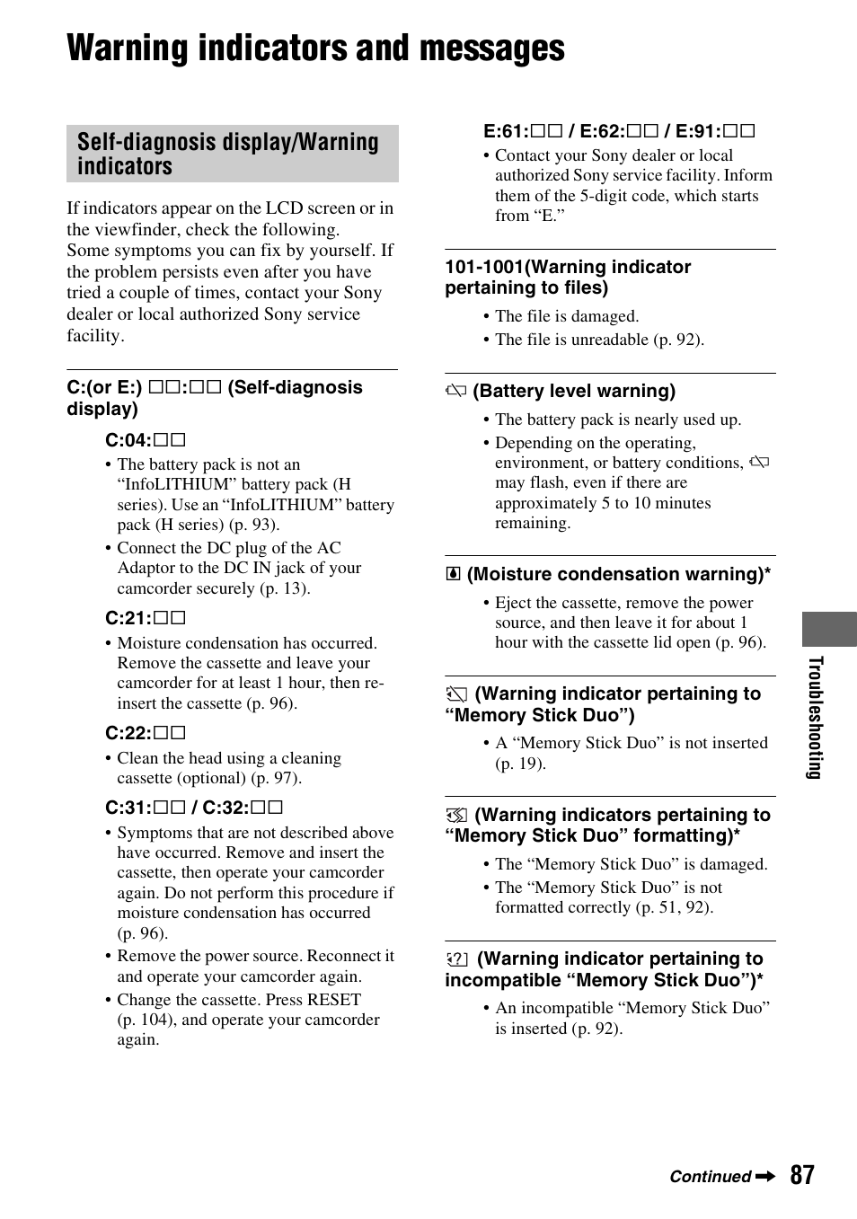 Warning indicators and messages, Self-diagnosis display/warning indicators | Sony HDR-HC9 User Manual | Page 87 / 128