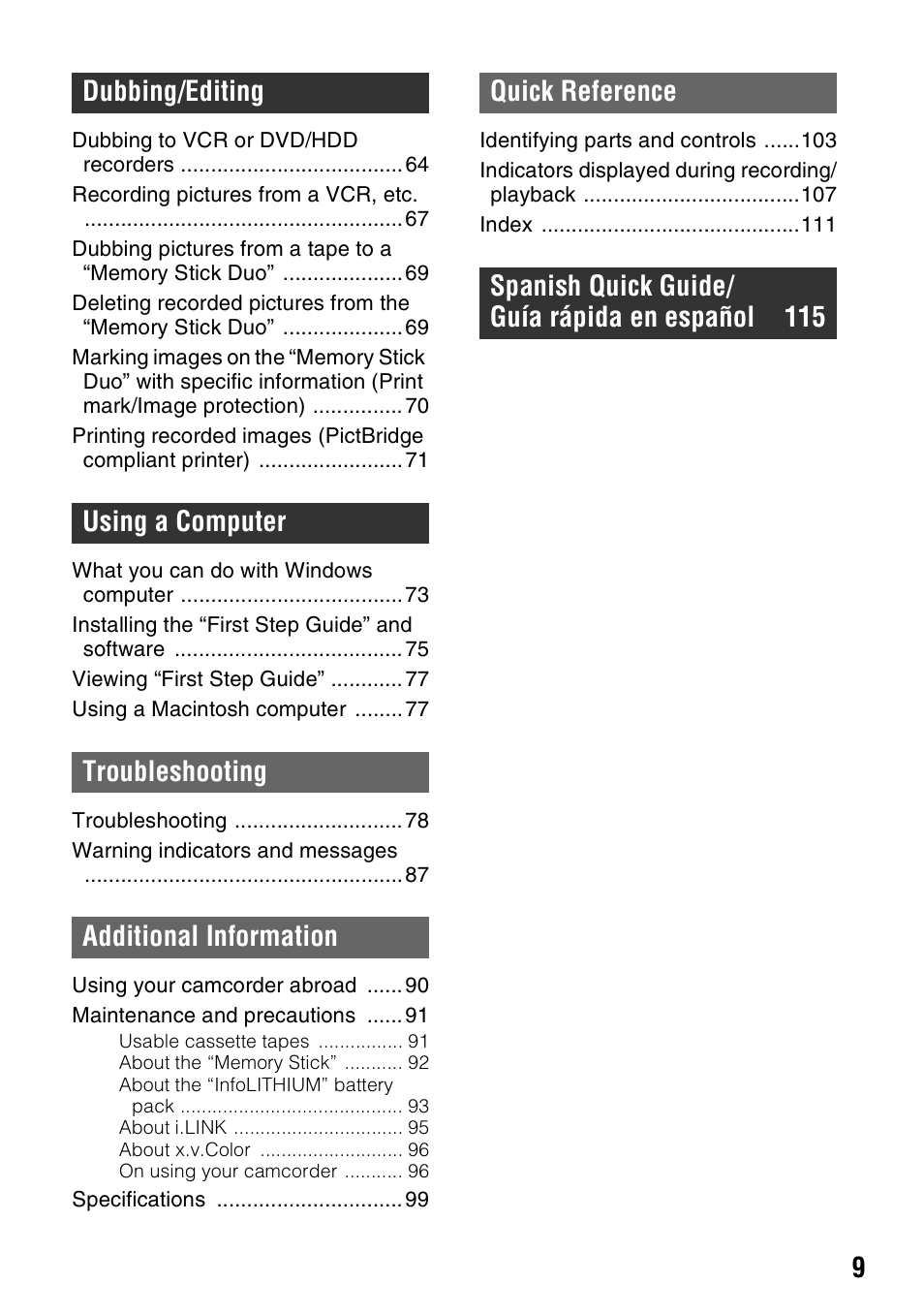 Sony HDR-HC9 User Manual | Page 9 / 128