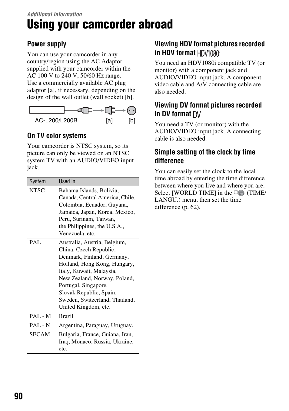 Additional information, Using your camcorder abroad, P. 90) | Sony HDR-HC9 User Manual | Page 90 / 128