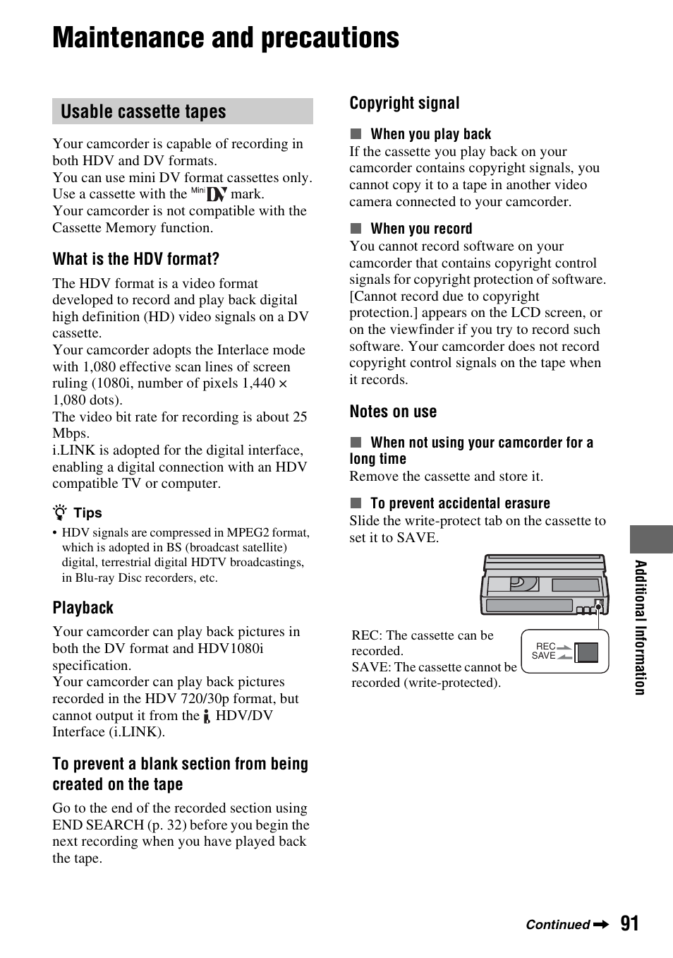 Maintenance and precautions, Usable cassette tapes, P. 91) | On (p. 91), P. 91 | Sony HDR-HC9 User Manual | Page 91 / 128