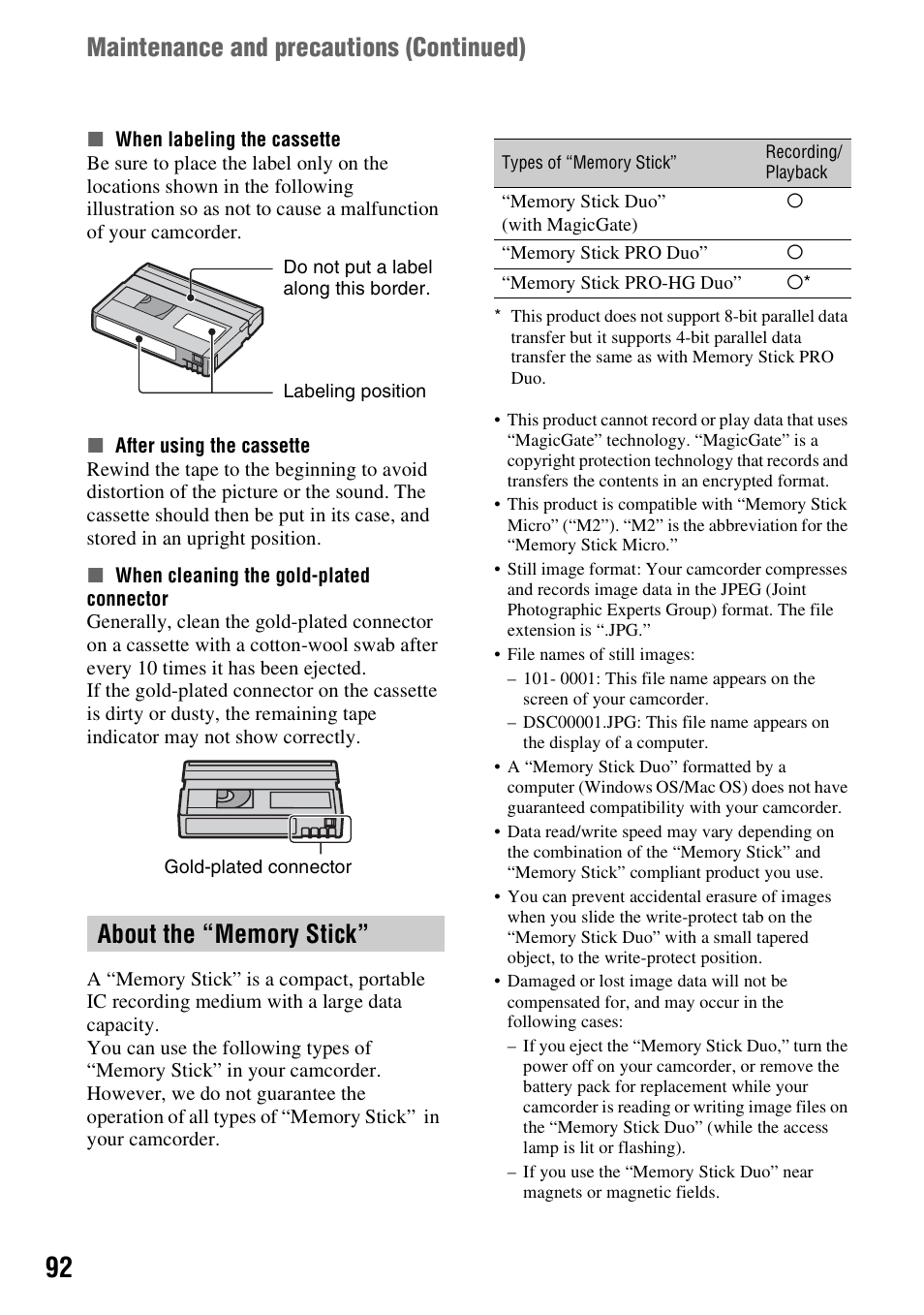 About the “memory stick, P. 92), P. 92 | Maintenance and precautions (continued) | Sony HDR-HC9 User Manual | Page 92 / 128