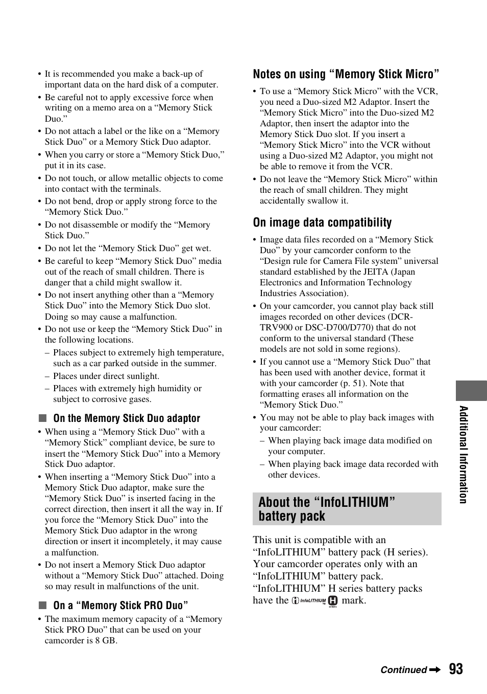 About the “infolithium” battery pack, About the “infolithium” battery, Pack | P. 93, P. 93), On image data compatibility | Sony HDR-HC9 User Manual | Page 93 / 128