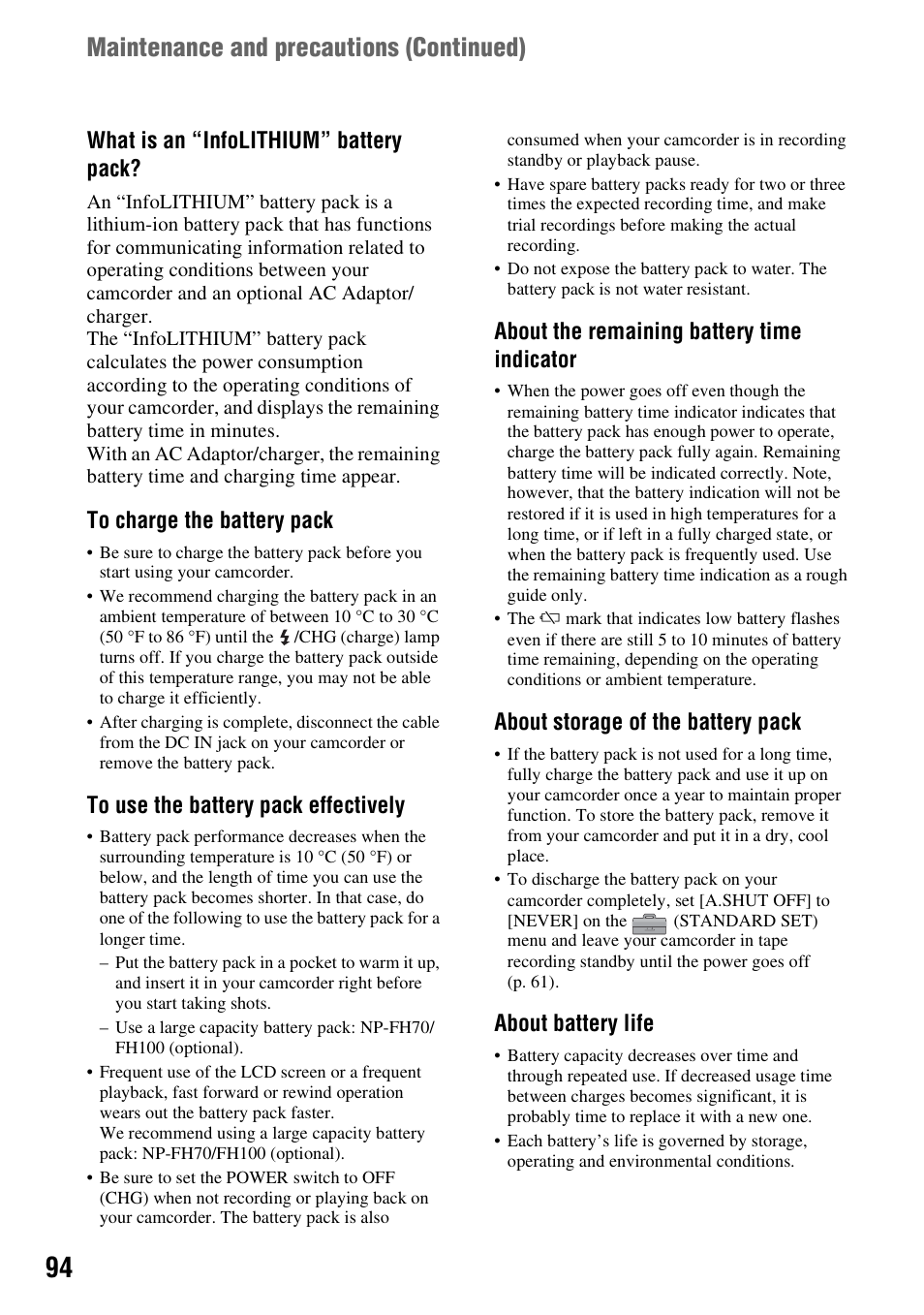 Maintenance and precautions (continued), What is an “infolithium” battery pack, About the remaining battery time indicator | About storage of the battery pack, About battery life | Sony HDR-HC9 User Manual | Page 94 / 128