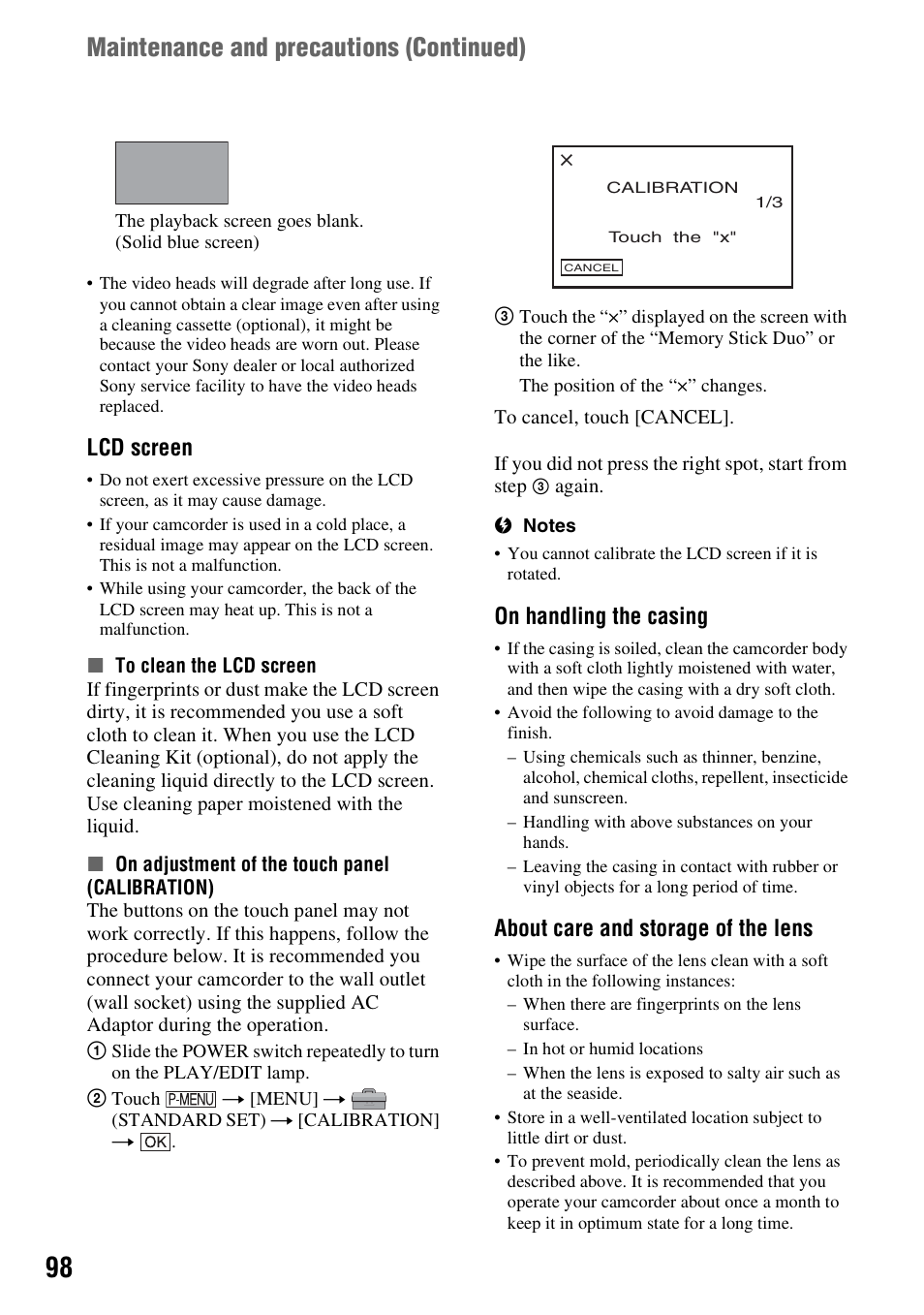P. 98), Maintenance and precautions (continued), Lcd screen | On handling the casing, About care and storage of the lens | Sony HDR-HC9 User Manual | Page 98 / 128