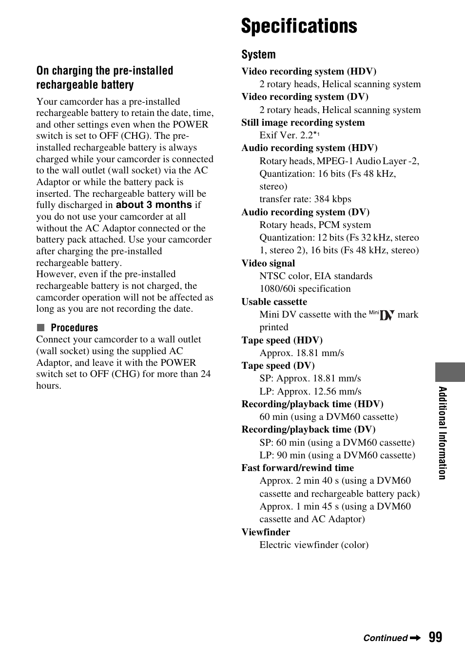Specifications, N (p. 99) | Sony HDR-HC9 User Manual | Page 99 / 128