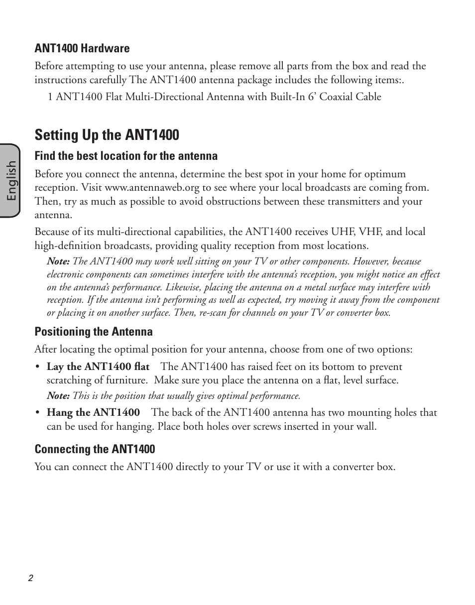 Setting up the ant1400 | Samsung ANT1400 User Manual | Page 2 / 8