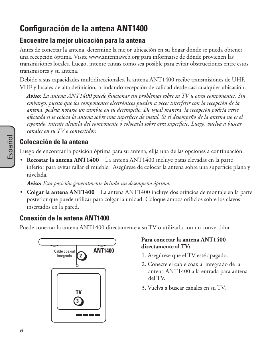 Configuración de la antena ant1400 | Samsung ANT1400 User Manual | Page 6 / 8
