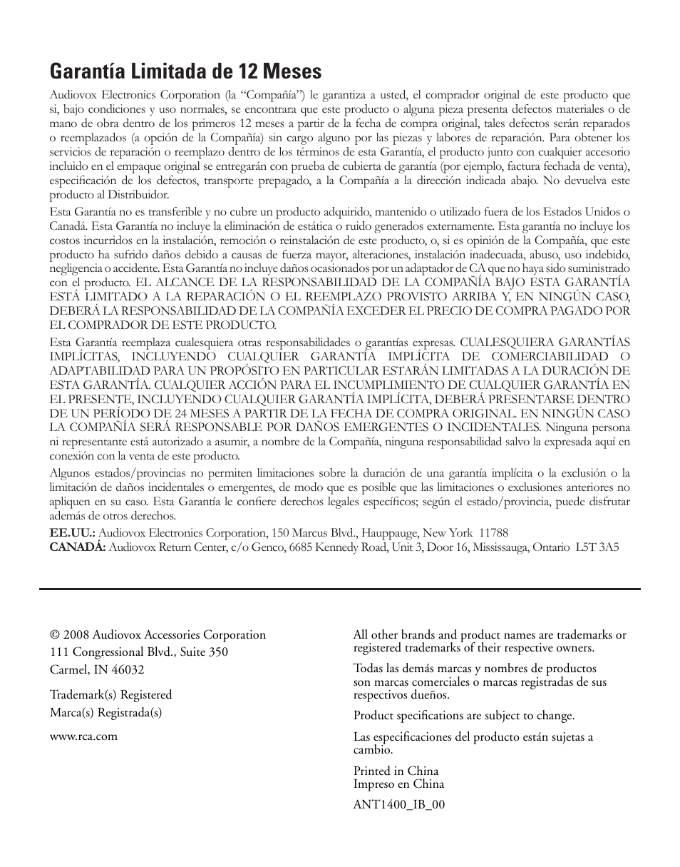 Garantía limitada de 12 meses | Samsung ANT1400 User Manual | Page 8 / 8