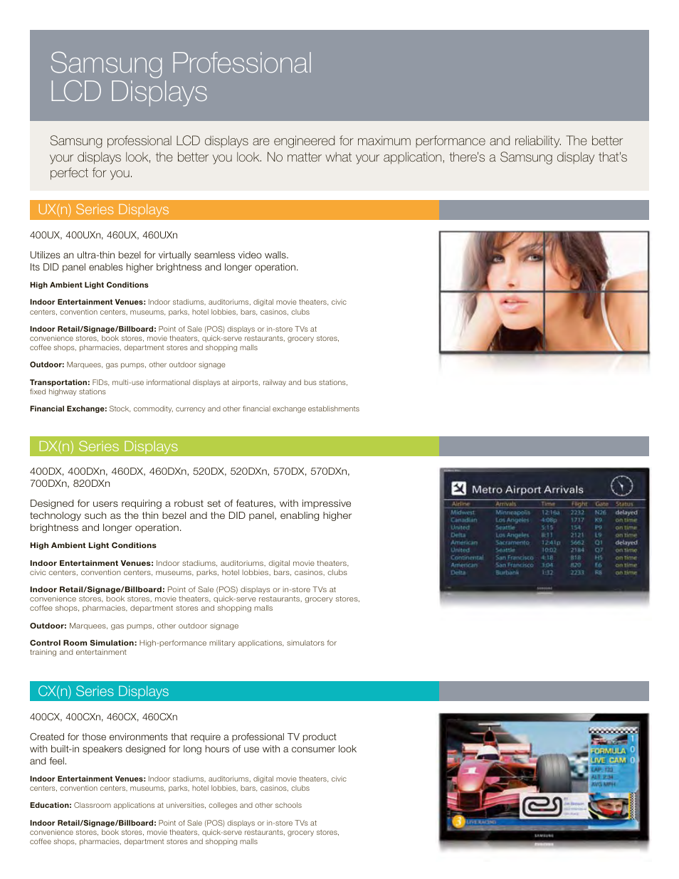 Samsung professional lcd displays, Dx(n) series displays, Ux(n) series displays | Cx(n) series displays | Samsung 820DXn User Manual | Page 3 / 52