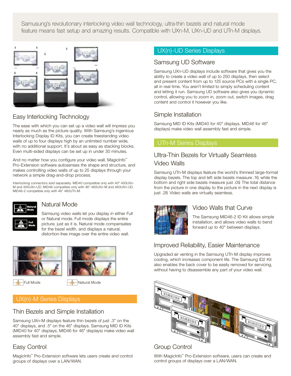 Natural mode, Easy interlocking technology, Samsung ud software | Simple installation, Easy control, Video walls that curve, Group control | Samsung 820DXn User Manual | Page 34 / 52