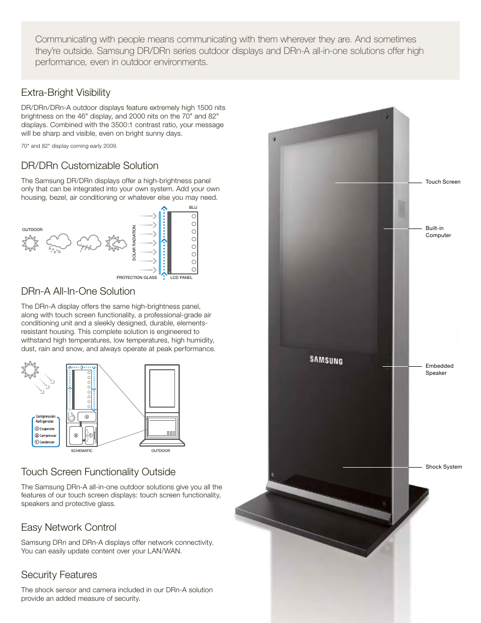 Extra-bright visibility, Touch screen functionality outside, Easy network control | Security features, Drn-a all-in-one solution, Dr/drn customizable solution | Samsung 820DXn User Manual | Page 38 / 52