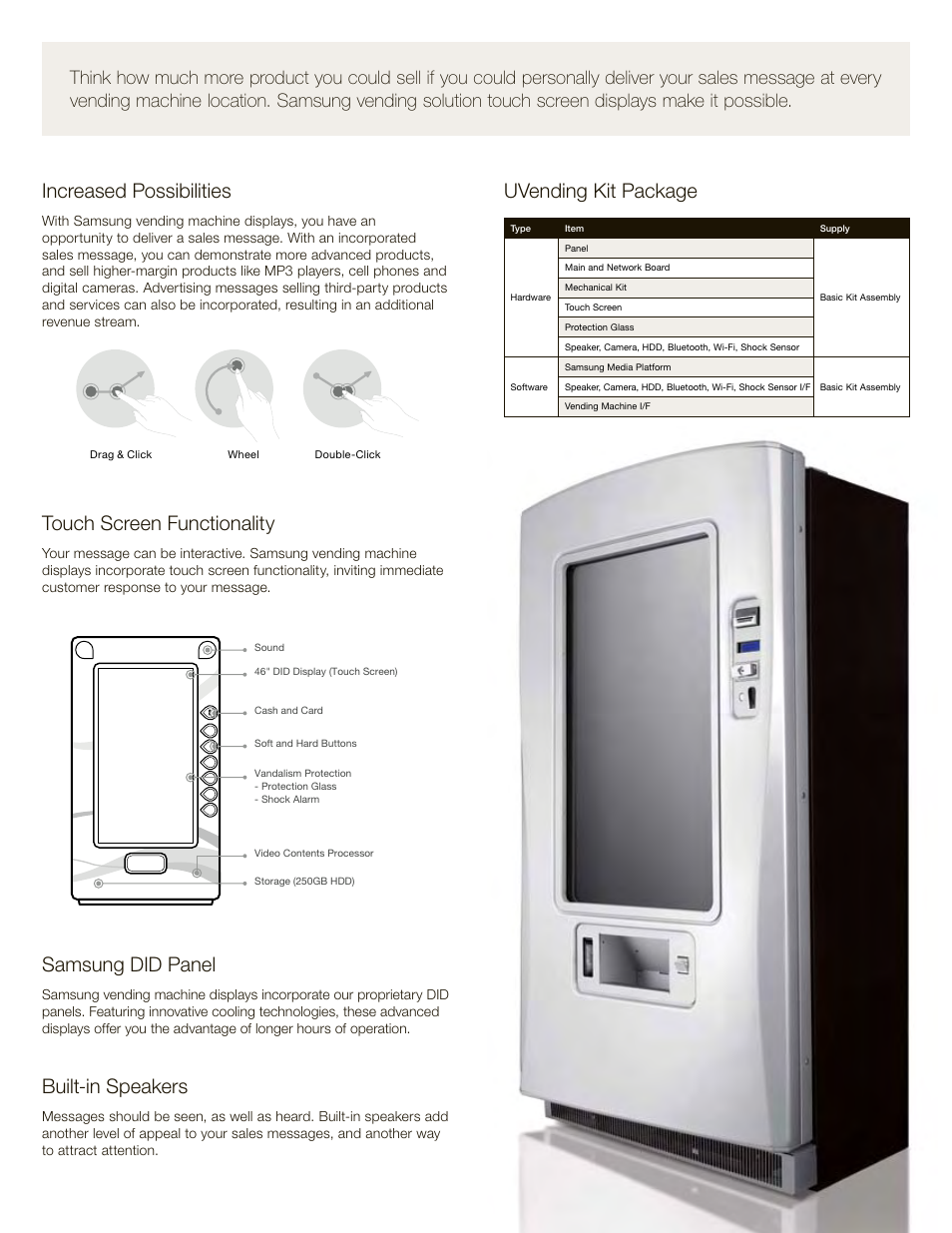 Samsung did panel, Built-in speakers, Increased possibilities | Touch screen functionality, Uvending kit package | Samsung 820DXn User Manual | Page 40 / 52