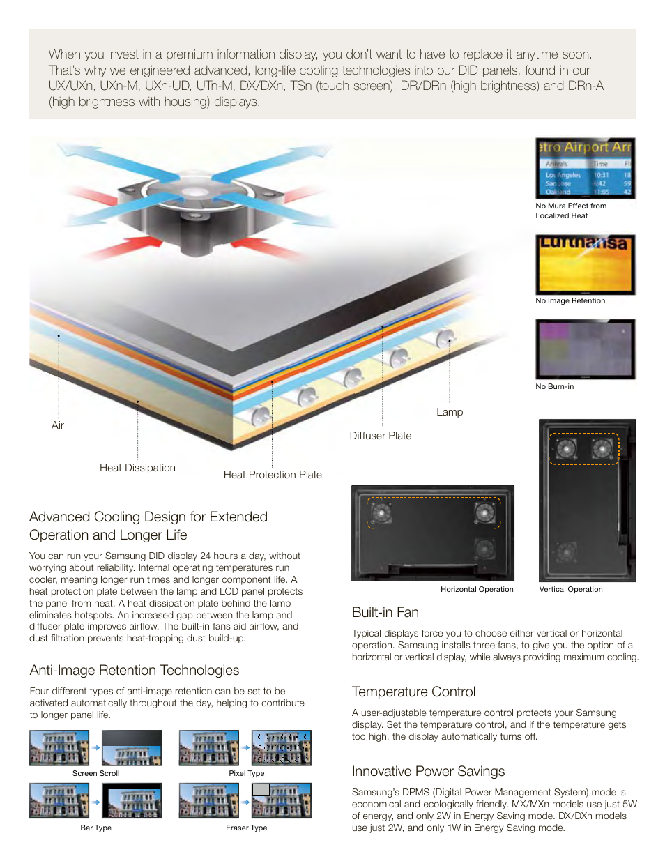 Built-in fan, Temperature control, Innovative power savings | Anti-image retention technologies | Samsung 820DXn User Manual | Page 8 / 52