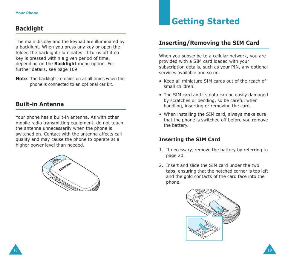 Getting started, Backlight, Built-in antenna | Inserting/removing the sim card | Samsung SGH-E700A User Manual | Page 11 / 98