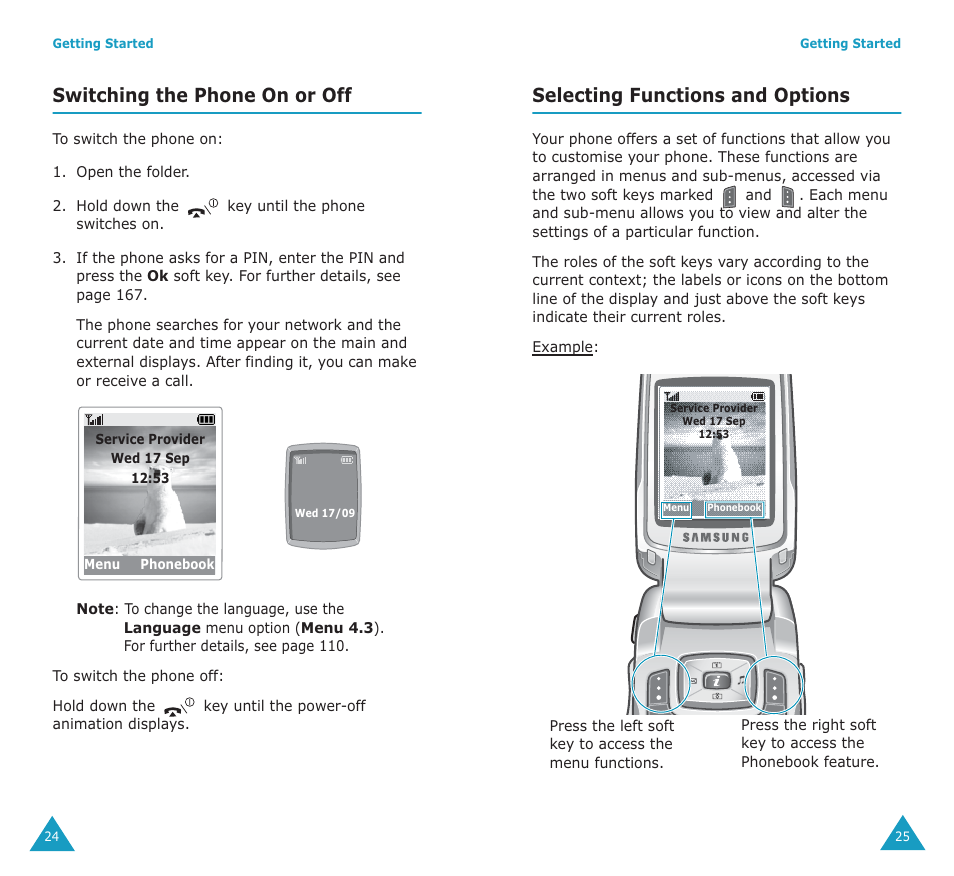 Switching the phone on or off, Selecting functions and options | Samsung SGH-E700A User Manual | Page 14 / 98