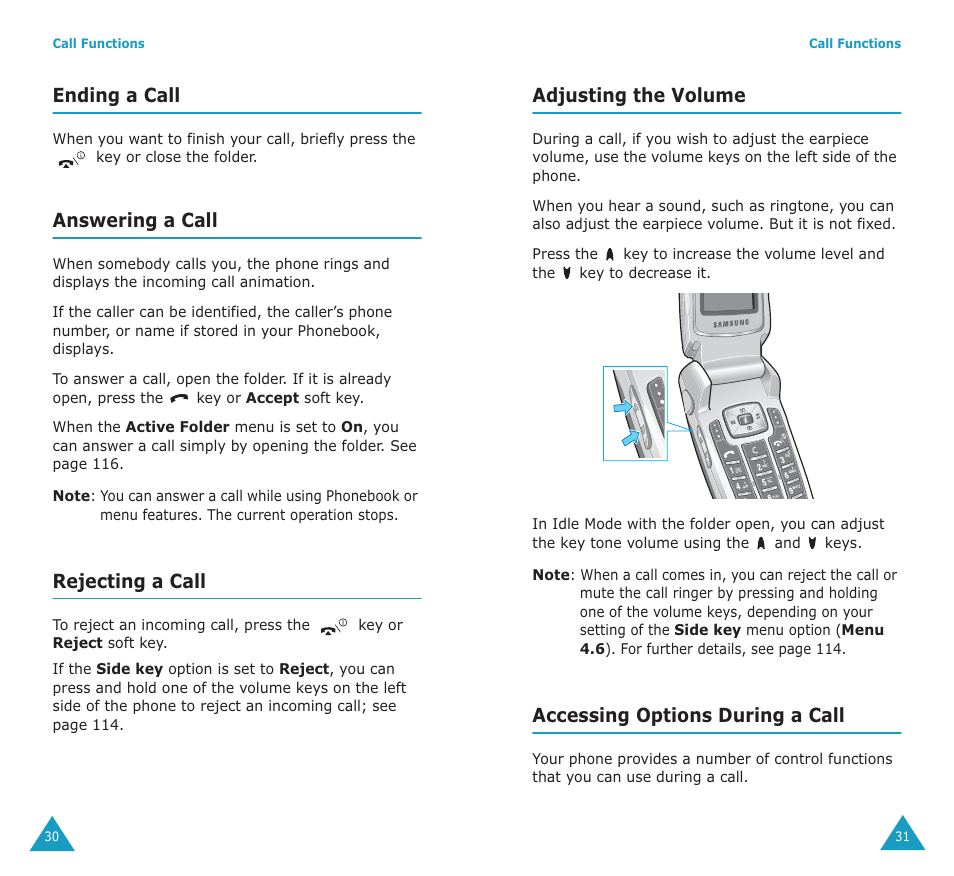 Ending a call, Answering a call, Rejecting a call | Adjusting the volume, Accessing options during a call | Samsung SGH-E700A User Manual | Page 17 / 98