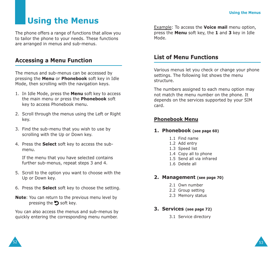 Using the menus, Accessing a menu function, List of menu functions | Samsung SGH-E700A User Manual | Page 28 / 98