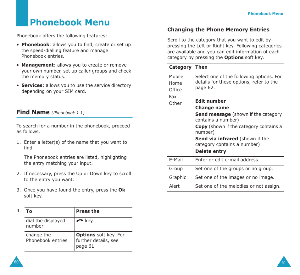 Phonebook menu, Find name | Samsung SGH-E700A User Manual | Page 32 / 98