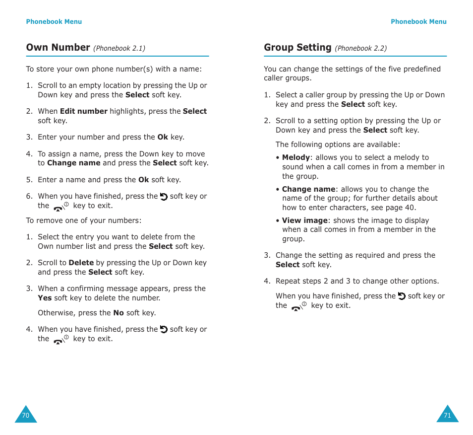 Own number, Group setting | Samsung SGH-E700A User Manual | Page 37 / 98