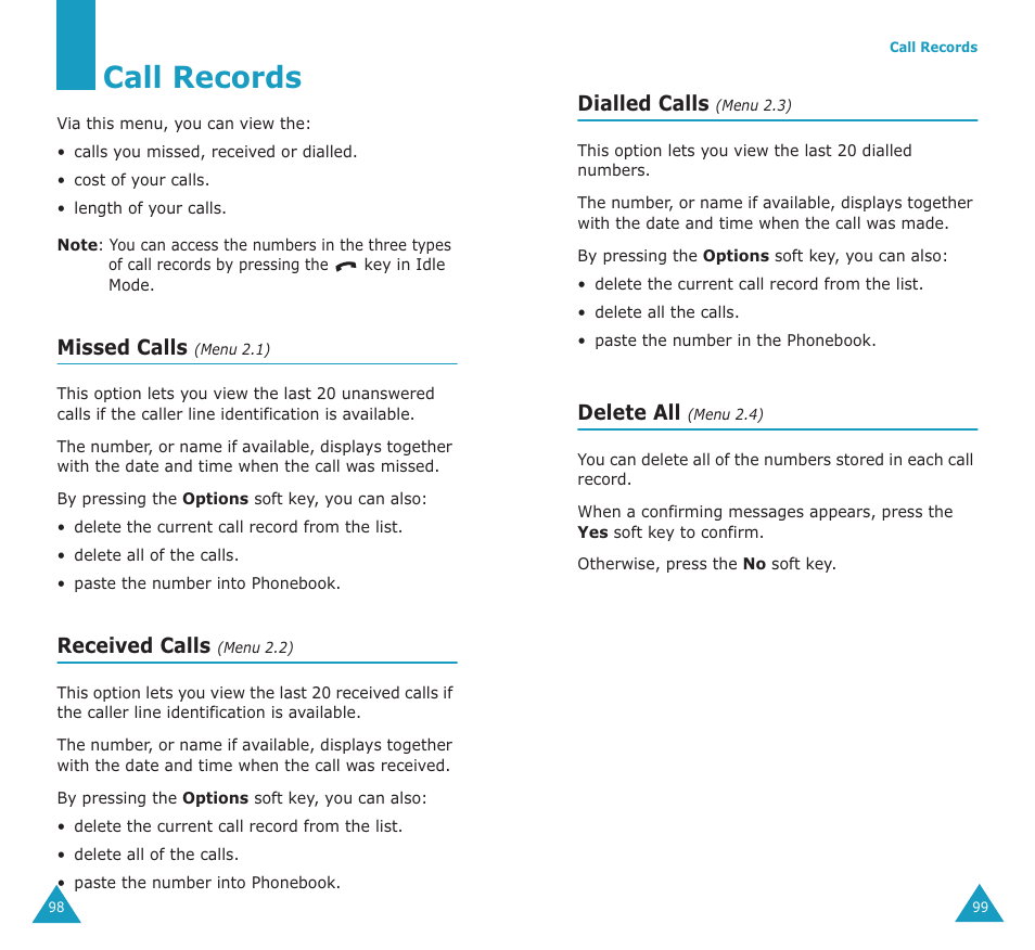 Call records, Missed calls, Received calls | Dialled calls, Delete all | Samsung SGH-E700A User Manual | Page 52 / 98