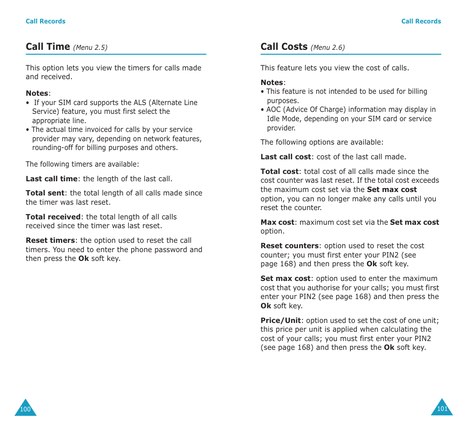 Call time, Call costs | Samsung SGH-E700A User Manual | Page 53 / 98