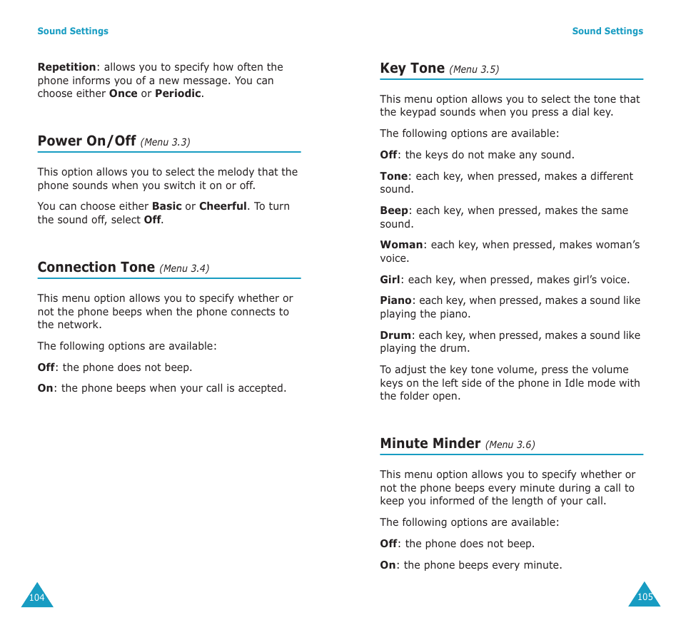 Power on/off, Connection tone, Key tone | Minute minder | Samsung SGH-E700A User Manual | Page 55 / 98