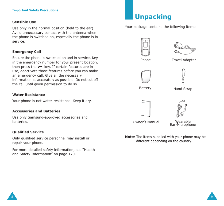 Unpacking | Samsung SGH-E700A User Manual | Page 6 / 98