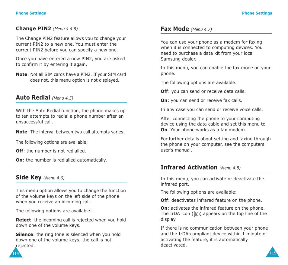 Auto redial, Side key, Fax mode | Infrared activation | Samsung SGH-E700A User Manual | Page 60 / 98