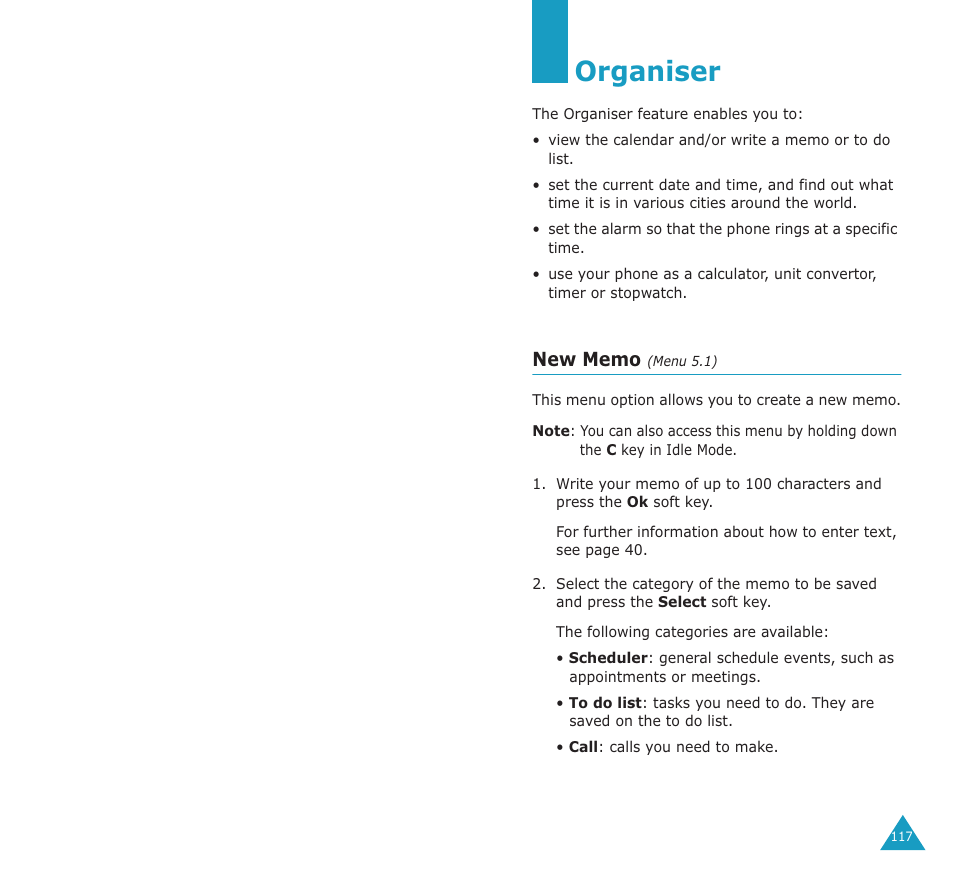 Organiser | Samsung SGH-E700A User Manual | Page 62 / 98