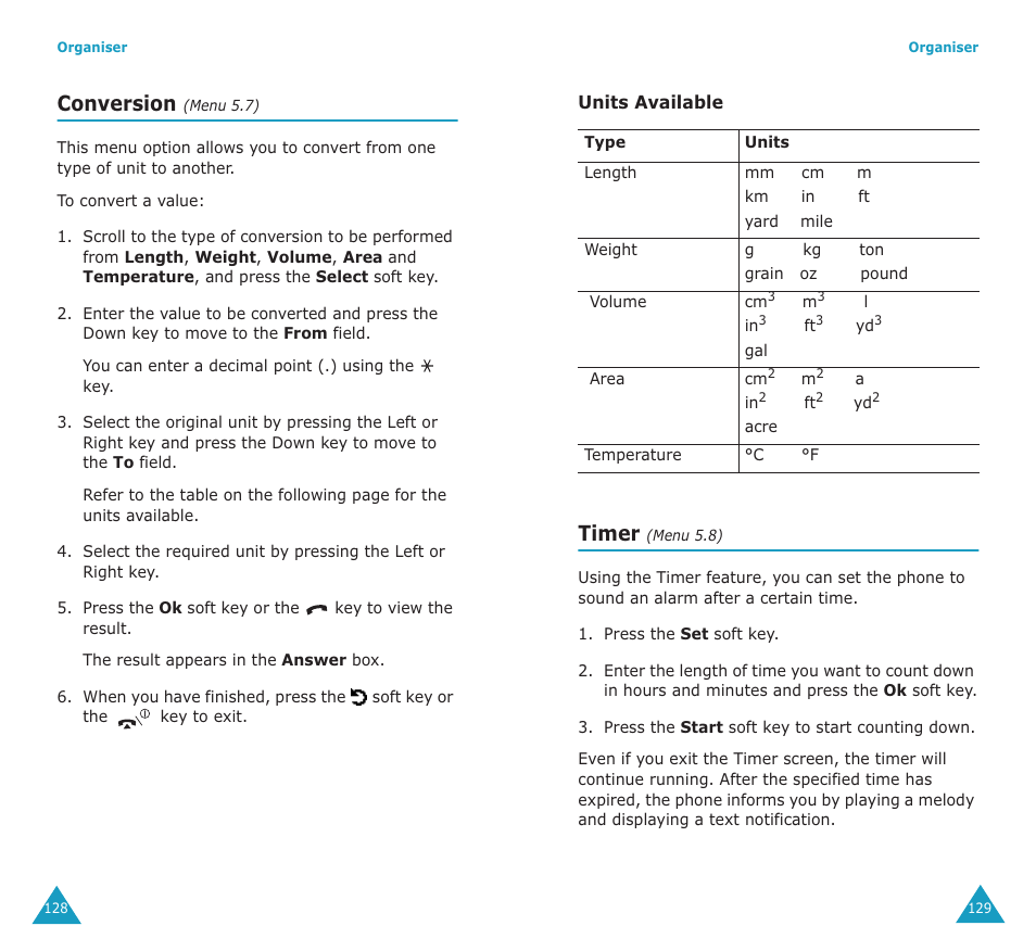 Conversion, Timer | Samsung SGH-E700A User Manual | Page 68 / 98