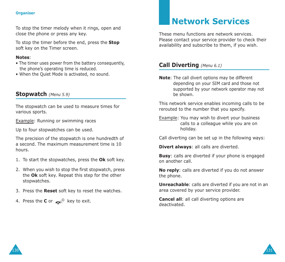 Network services, Stopwatch, Call diverting | Samsung SGH-E700A User Manual | Page 69 / 98