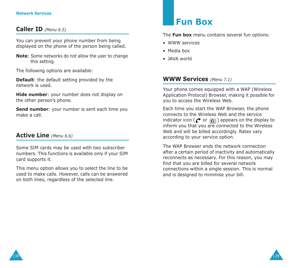 Fun box, Caller id, Active line | Samsung SGH-E700A User Manual | Page 73 / 98