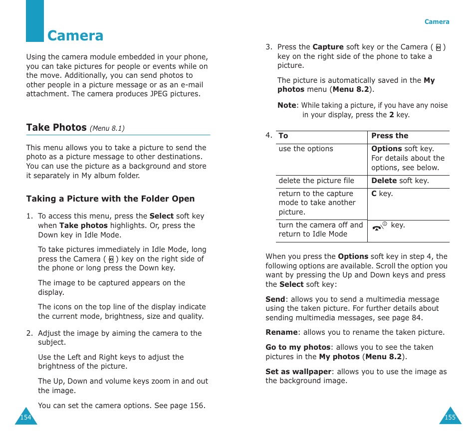 Camera, Take photos | Samsung SGH-E700A User Manual | Page 81 / 98