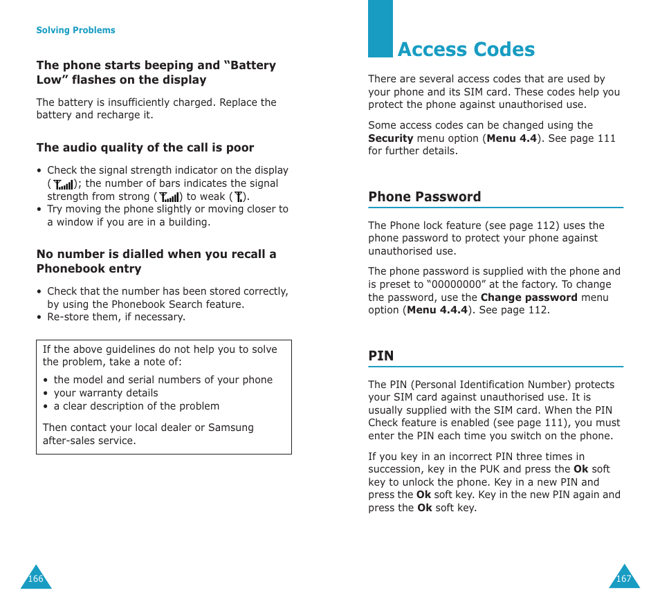 Access codes, Phone password | Samsung SGH-E700A User Manual | Page 87 / 98