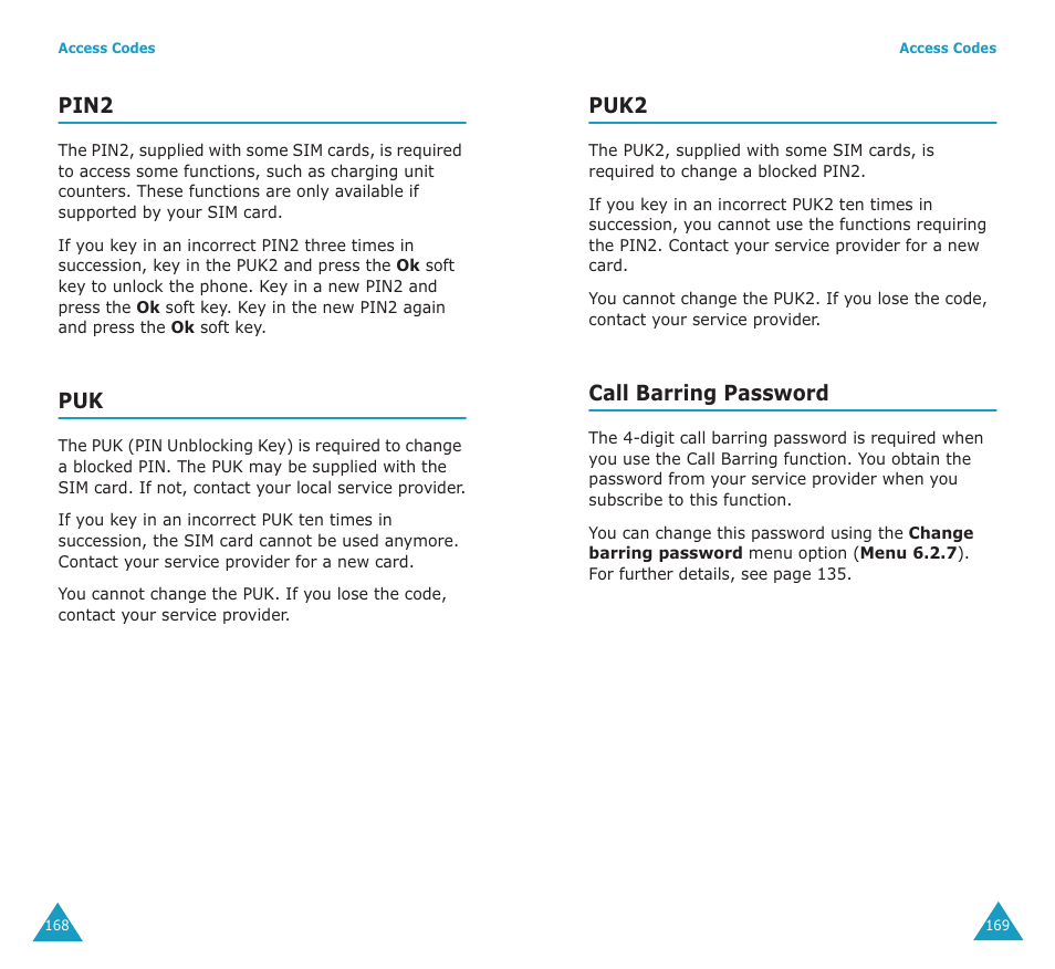 Pin2, Puk2, Call barring password | Samsung SGH-E700A User Manual | Page 88 / 98